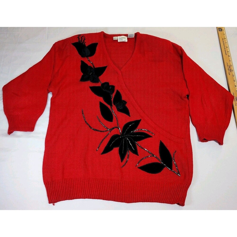 Vintage Bonnie & Bill Red Sweater Black Satin Embellishments Size 1X Grannycore